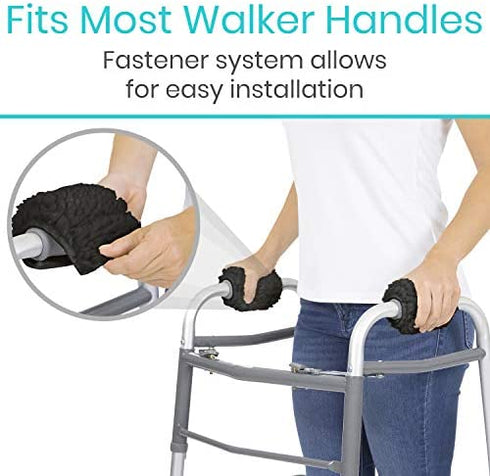 Vive Sheepskin Walker Grips 2-Pack - Hand Pad Accessories for Folding Rollator, Crutches - Soft Cushion Handle Cover for Adult, Handicap, Seniors - Medical Handlebar Foam Padding for Disability